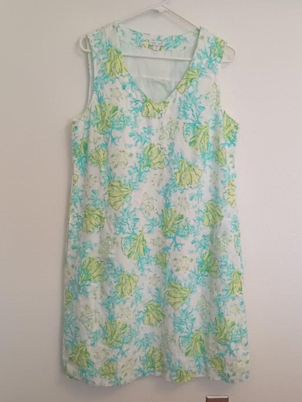 J JILL LOVE LINEN SLEEVELESS DRESS SEA TURTLE CORAL COASTAL AQUA LIME MED TALL
